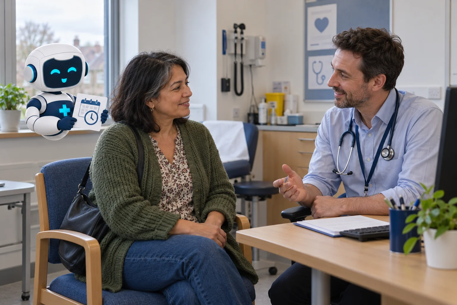 A patient discussing care with a clinician, with an appointment reminder from My Health Pal