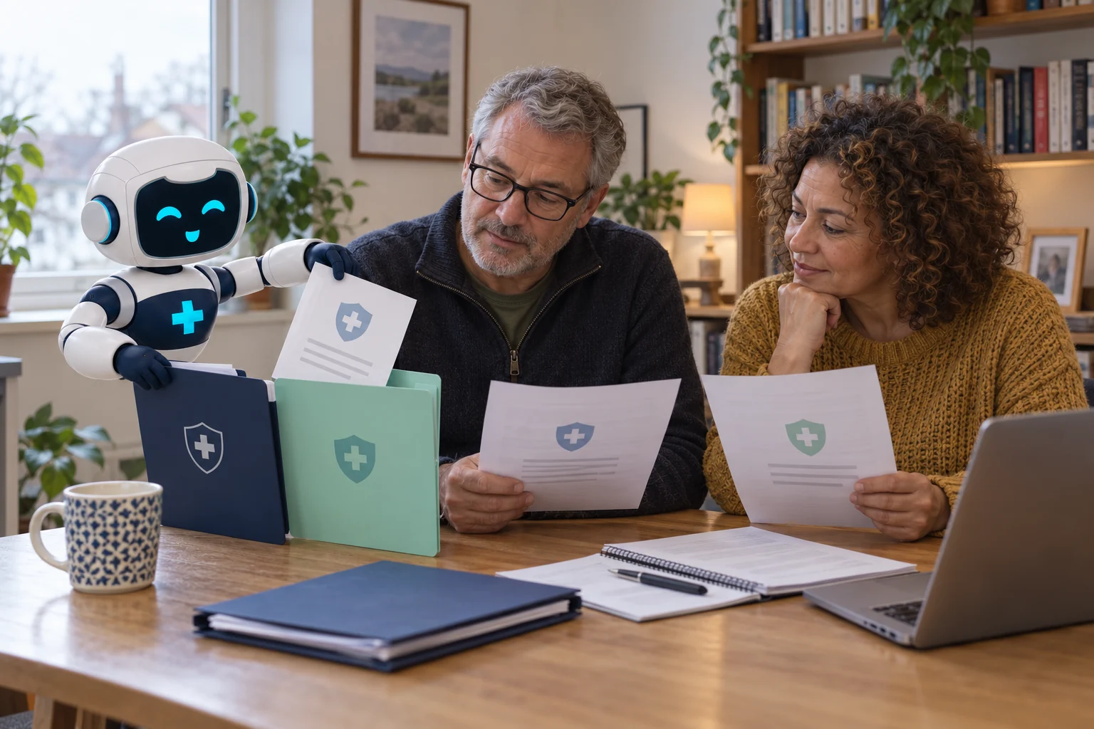 A couple comparing documents while My Health Pal moves a policy between folders